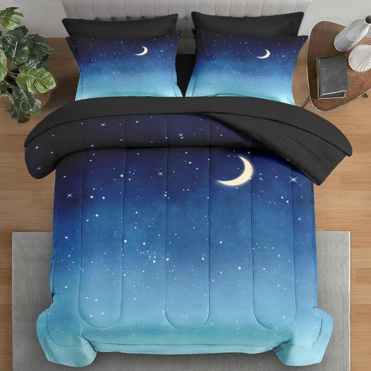 Comforter Set King Size, Blue Starry Sky 7 Pcs Bedding for Kids and Adults, Landscape Night Moon Bed Sheet Sets with Fitted Sheet 2 Pillowcases & 2 Shams for Bedroom Bed Decor