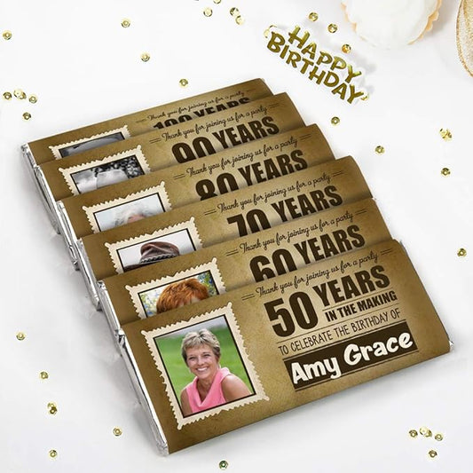 72ct Birthday Party Favors For Adults Candy Bars, Prewrapped, Personalized labels with Photo (72 Pack) - All Ages