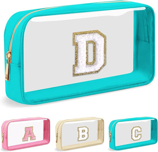 Personalized Initial Letter Clear Makeup Bag,Preppy Small Nylon&PVC Cosmetic Zipper Bag with Chenille Letter,Portable Beach Travel Skincare Toiletry Bag,Trendy Monogram Gift for Teen Girls Women,D