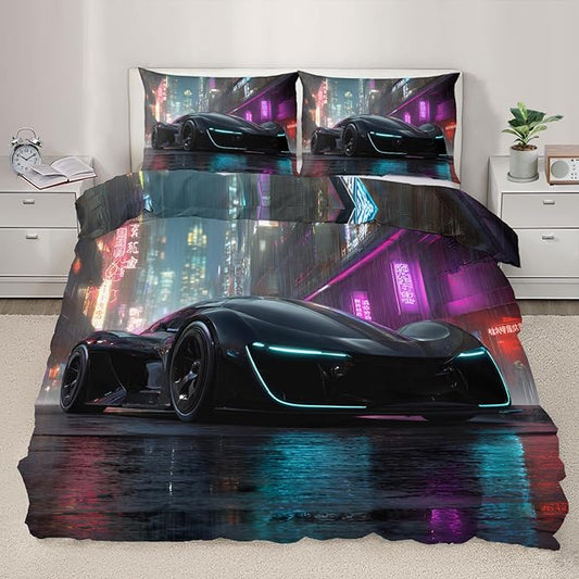 Supercar Duvet Cover Full Size Sports Car Bedding Set Sci-Fi Racing Car Comforter Set Neon Cityscape Duvet Cover with Pillowcases for Bedroom