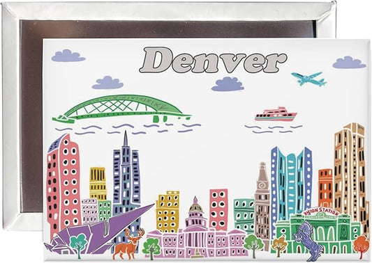 City Themed Artwork Magnet Collection by Beary Blu - Designed in The USA, Collectible Souvenirs Gifts 2.5" x 3.5" (Denver)