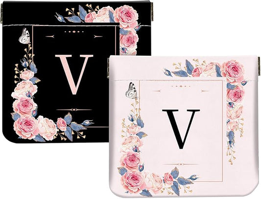 2Pcs Initial Letter PU Leather Small Squeeze Coin Purse Pouch Mini coin Bag Unique And Cute Wallet Cosmetic Bags For Women Girls Men Change Bag Letter V