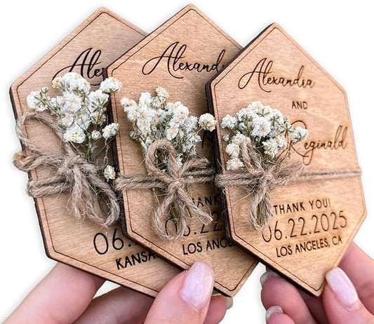 Wooden-Floral Personalized Wedding Favors for Guests, Wedding Party Favors Magnets with Envelopes and Stickers, Pack of 12 to 300