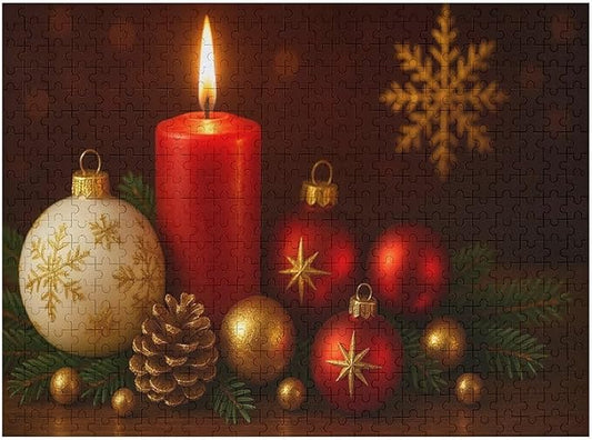 The Burning Christmas Candles 500-Piece Wooden Jigsaw Puzzle, Relaxing Winter Puzzle, Idea, Mindful Leisure Activity, Holiday Indoor Fun, Cozy Puzzle for Adults and Kids