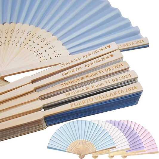 Personalized Silk-Bamboo Folding Fans, 30 Pcs, Light Blue, Wedding & Party Decoration, Custom Engraved, Foldable, 8.2" x 1" x 1" (Closed), 15" x 8.26" (Open)