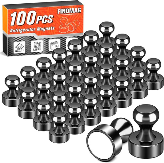 FINDMAG Refrigerator Magnets, 100 Pack Industrial Strength Fridge Magnet, Jumbo Bulk Heavy Duty Magnetic Push Pins, Black Dry Erase Board Magnets for Whiteboard, Home Decor, Classroom, Map Decorative