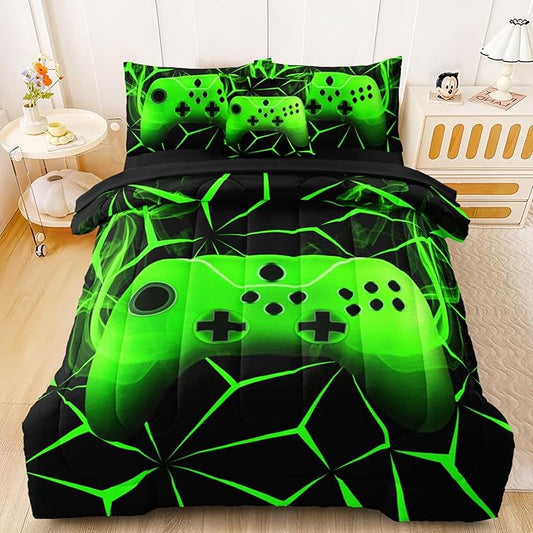 Twin Gamer Bedding Sets for Boys Teen, 4 Pcs Gaming Twin Comforter Set for Boys, Kids Twin Bedding Set for All Season