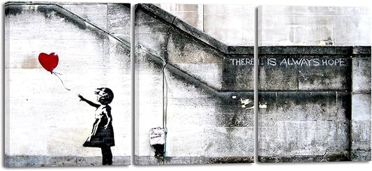 Wieco Art Banksy Grafitti Girl with Red Balloon Modern 3 Piece Famous Canvas Paintings Wall Art Inspirational Grey Love Pictures Print Artwork for Dining Room Kitchen Home Office Decor