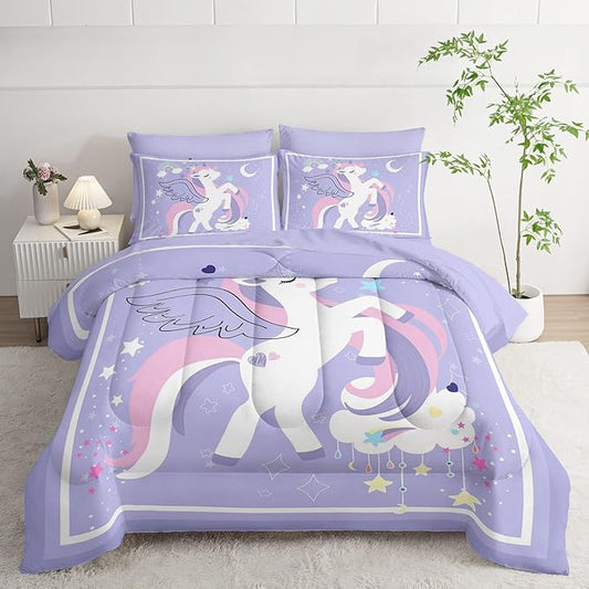 7Pcs Comforter Set Cartoon Purple Unicorn Printed Bedding Set with 1 Comforter,1 Flat Sheet,1 Fitted Sheet and 4 Pillowcases for Boys and Girls Bedroom All Season(Twin)