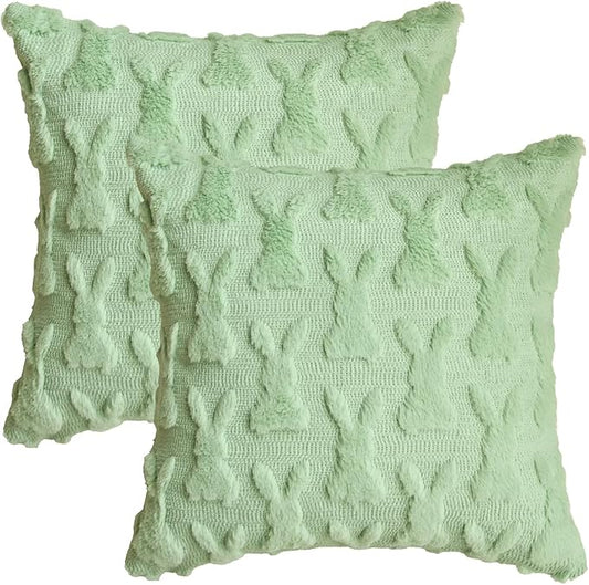 AVOIN colorlife Easter Rabbits Green Throw Pillow Covers, 18 x 18 Inch Bunny Soft Plush Faux Fur Jacquard Cushion Case Decoration for Sofa Couch Set of 2