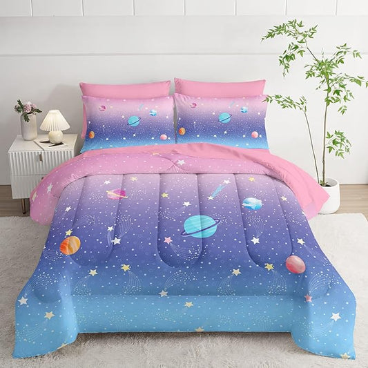 7Pcs Comforter Set Space Planet Multi Color Gradient Printed Bedding Set with 1 Comforter,1 Flat Sheet,1 Fitted Sheet and 4 Pillowcases for Boys and Girls Bedroom All Season(Queen)