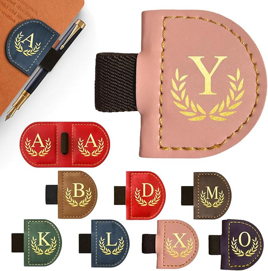 Personalized Leather Magnetic Bookmark with Pen Holder, Custom Bygone Mark Bookmark with Pen Holder, Custom Bookmarks with 26 Letters for Reading Women, Men, Teachers, Book Lovers（Pink，Y）