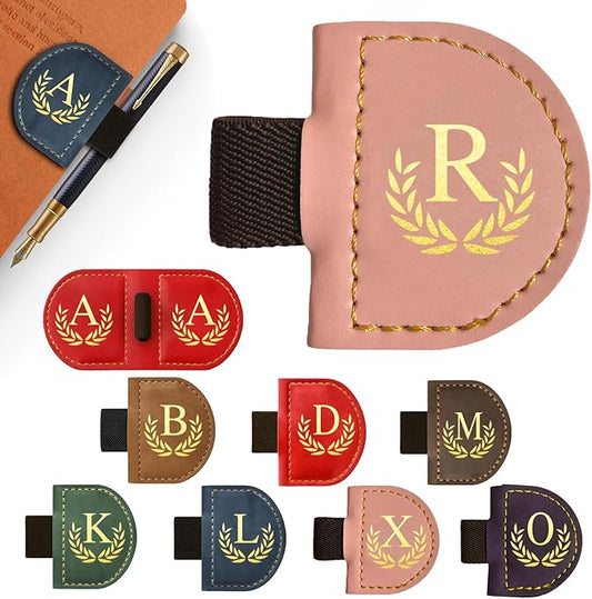 Personalized Leather Magnetic Bookmark with Pen Holder, Custom Bygone Mark Bookmark with Pen Holder, Custom Bookmarks with 26 Letters for Reading Women, Men, Teachers, Book Lovers（Pink，R）