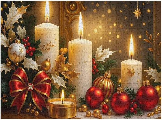 The Burning Christmas Candles 500-Piece Wooden Jigsaw Puzzle, Festive Candlelight Puzzle, Holiday Spirit, Relaxing Winter Activity, Indoor Entertainment, Family Game Night, Christmas Decoration