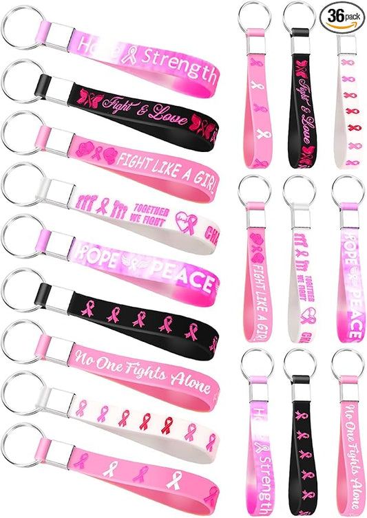 36pcs Breast Cancer Awareness Silicone Keychains Hope Faith Strength Pink Ribbons Motivational Rubber Keychains for Women Breast Cancer Awareness Decoration Party Favor Gift Supplies