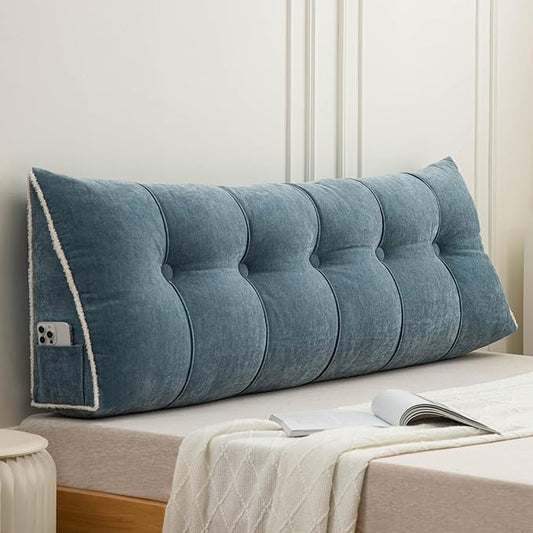 Headboard Pillow Twin, Chenille Triangular Wedge Pillow Headboard Twin Size, Reading Setting Backrest Daybed Pillows for Bed Sofa with Removable Coverr, Blue