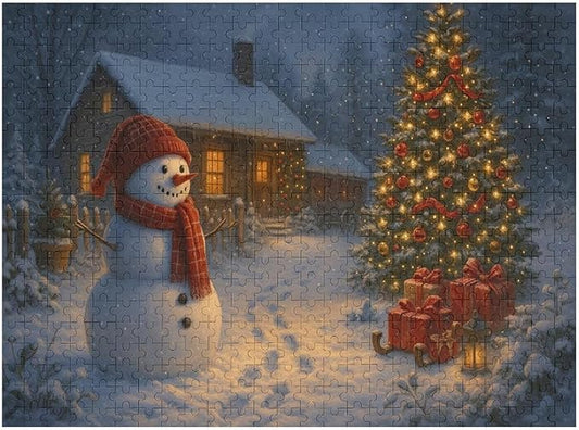 Christmas Tree Snowman 500-Piece Wooden Jigsaw Puzzle, Holiday Puzzle, Snowman and Christmas Tree Scene, Indoor Entertainment, Family Fun, Relaxing Puzzle Activity