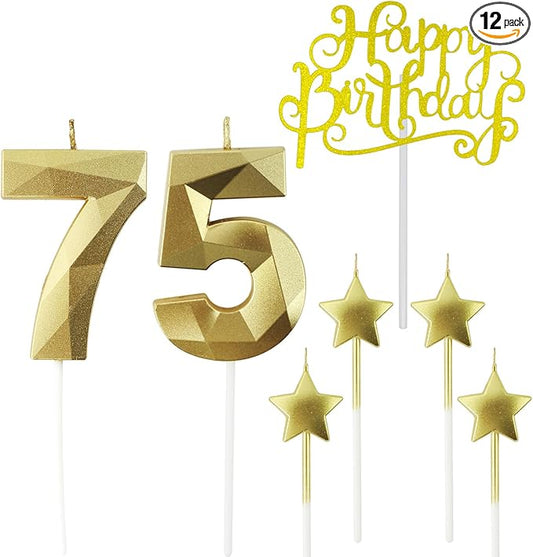Golden Number 75 Birthday Candles and Star Birthday Candles 2.76 inch Birthday Cake Candles 3D Diamond Shaped Candles are Suitable for Birthday Parties and Anniversary Cake Decorations Candles