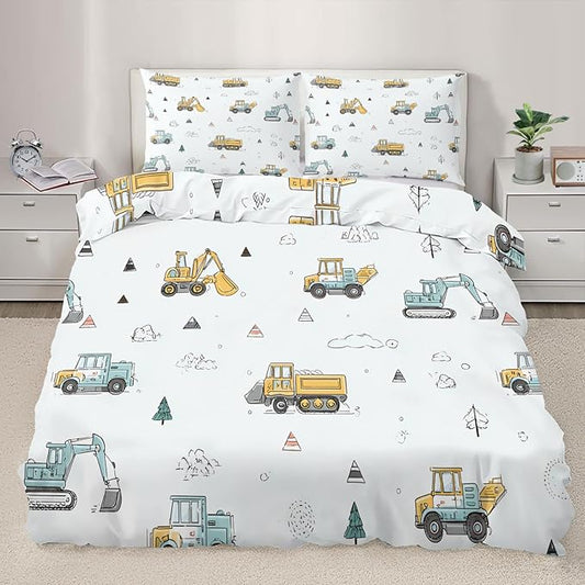 Excavator Bulldozer Duvet Cover King Size Cartoon Construction Vehicles Bedding Set Children's Cartoon Car Comforter Set Colorful Engineering Comforter Cover with Zipper Ties for Bedroom