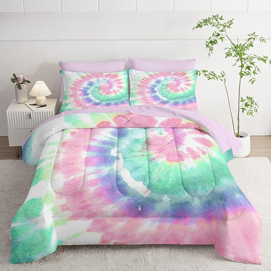 7Pcs Comforter Set Blue Pink Green Spiral Printed Bedding Set with 1 Comforter, 1 Flat Sheet, 1 Fitted Sheet and 4 Pillowcases for Boys and Girls Bedroom All Season(Spiral Twin)