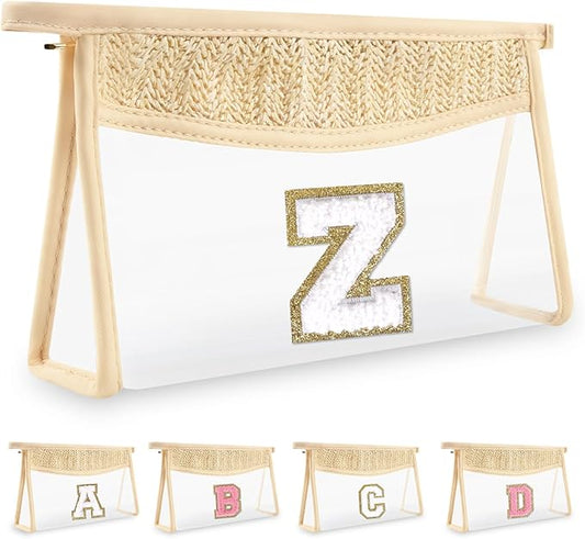 Personalized Initial Letter Bag Boho Straw Clear Makeup Bag,Small Cute Chenille Varsity Letter Pouch With Zipper,Beach Travel Toiletry,Portable Monogrammed Cosmetic Bag for Women Girls,Z