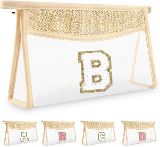 Personalized Initial Letter Bag Boho Straw Clear Makeup Bag,Small Cute Chenille Varsity Letter Bag With Zipper,Beach Travel Toiletry Bag,Portable Monogrammed Cosmetic Bag for Women Girls,B