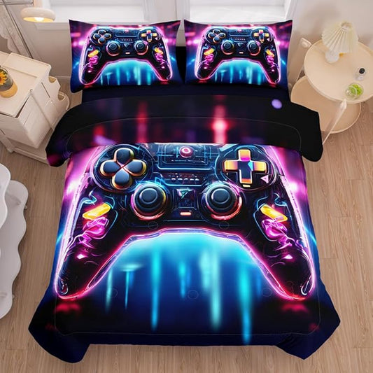 5PCS Gaming Comforter Sets Twin,Gaming Bedding Set for Boys Teens Kids,Game Controller Bed in a Bag with Flat Sheet Fitted Sheet Pillowcase,Twin Comforter Set for Boys