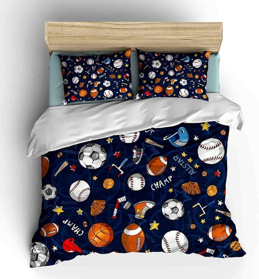 Sports Comforter Sets Bed in A Bag Queen Size,3D Soccer Basketball Baseball Football Theme Quilt Set for Kids Boys Children Fans Bedding Decorative