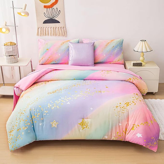Rainbow Bedding Set Full Size – 6-Piece Reversible Girls Comforter with Deep-Pocket Sheet, Gradient Galaxy Design, Whole-Piece Filling, Machine Washable Bed-in-a-Bag for Kids Room Makeover & Gifts