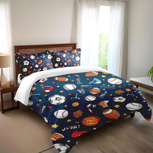 Sports Comforter Sets Bed in A Bag Full Size,3D Soccer Basketball Baseball Football Theme Quilt Set for Kids Boys Children Fans Bedding Decorative