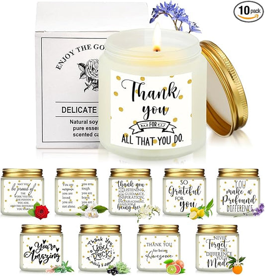 Roowest 10 Jars Thank You Gift Candles 3.5 oz Valentines Employee Appreciation Gifts Bulk Soy Wax Jar Inspirational Candle Thank You Coworkers Employee Women Secretaries Teacher(White,Simple,Delicate)