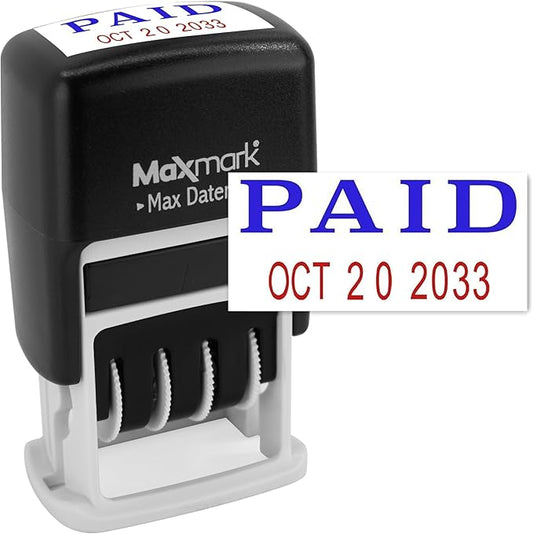 MaxMark Self-Inking Rubber Date Office Stamp with Paid Phrase Blue Ink & Date RED Ink (Max Dater II), 12-Year Band