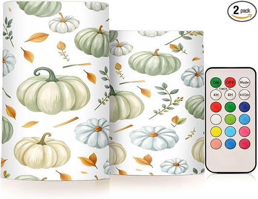Green Pumpkin Autumn Fall Flickering Flameless Candles Battery Operated with Remote Timer,Tea Light Candles LED Pillar Votive Candles Set of 2 for Outdoor Indoor Decorations