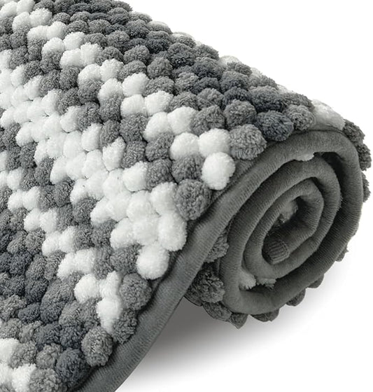 HDFK Bath Mat & Bathroom Rugs, Soft Looped Chenille Popcorn, Super Absorbent, Non-Slip Shower Rug Odorless Hot Melt Adhesive Base, Striped Carpet for Bathtub Floors (24x17 Inch, Black Gray, White)