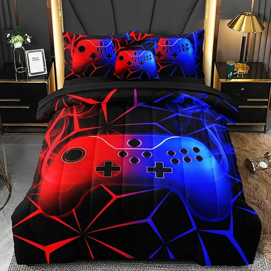 4 Pcs Gamer Full Bedding Set for Boys, Blue-red Gaming Full Size Boys Comforter Set for Teens