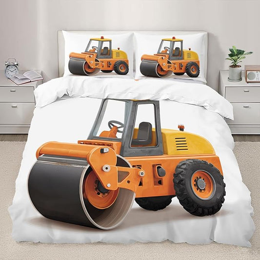 Cartoon Road Roller Bedding Set King Size Construction Vehicle Duvet Cover Orange Engineering Truck Comforter Cover Cartoon Children's Comforter Set with Pillowcases for Bedroom