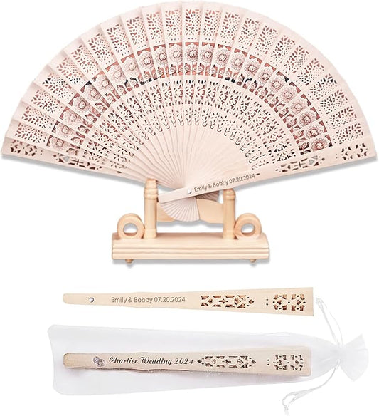 100Pcs Personalized Wooden Folding Wedding Fans - Custom Wedding Fans with Yarn Bag and Tassels Engraved Text Wedding Fans for Party Favor Bridal Shower Gifts Guests Bulk (100)
