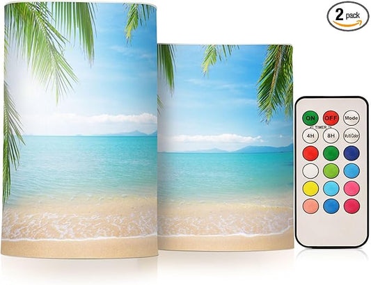 ALAZA Summer Beach with Green Coconut Trees Flickering Flameless Candles Battery Operated with Remote Timer,Tea Light Candles LED Pillar Votive Candles Set of 2 for Outdoor Indoor Decorations
