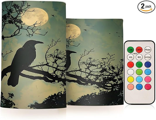 ALAZA Halloween Crow Night Flickering Flameless Candles Battery Operated with Remote Timer,Tea Light Candles LED Pillar Votive Candles Set of 2 for Outdoor Indoor Decorations