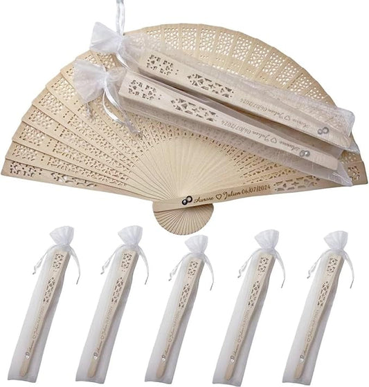 1Pcs Personalized Sandalwood Wedding Fans -Custom Elegant Handheld Fans for Brides, Grooms, and Guests - Perfect Wedding Favors and Decor (with Organza Bags)