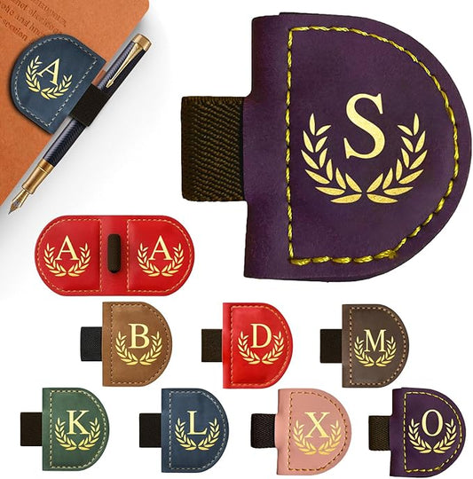 Personalized Leather Magnetic Bookmark with Pen Holder, Custom Bygone Mark Bookmark with Pen Holder, Custom Bookmarks with 26 Letters for Reading Women, Men, Teachers, Book Lovers（Purple，S）