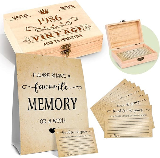 QUPT 40-1986 1986 Birthday Gifts for Women Men, 1986 Wooden Share A Memory Box with Memory Sign and 50 Pcs Memory Cards, 40th Birthday Party Decorations