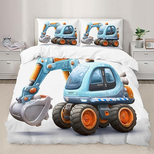 Cartoon Excavator Bedding Set Oversized King Blue Construction Vehicle Duvet Cover Trucks Tractors Comforter Cover Cute Children's Bed Set with Pillowcases for Bedroom
