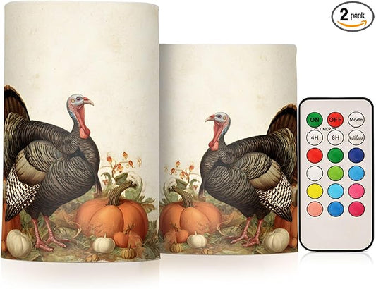 ALAZA Thanksgiving Turkey Pumpkin Fall Autumn1 Flickering Flameless Candles Battery Operated with Remote Timer,Tea Light Candles LED Pillar Votive Candles Set of 2 for Outdoor Indoor Decorations
