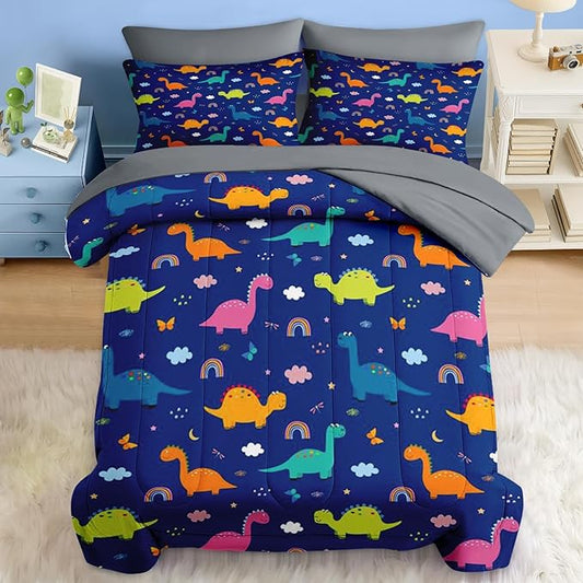 Comforter Set Queen Size, Cute Dragon Grey 7 Pcs Bedding for Kids and Adults, Colorful Wildlife Funny Bed Sheet Sets with Fitted Sheet 2 Pillowcase & 2 Sham for Bedroom Bed Decor