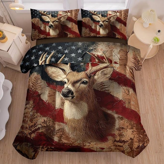 5PCS Deer Comforter Sets Queen,Boys Camo Bedding Queen,American Flag Comforter,Camo Bed Set for Boys,Adults,Teens