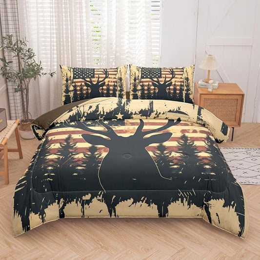 Deer Comforter Sets Full 5PCS with Sheets,Deer and American Flag Comforter Set for Hunter Bedroom Decor,Deer Bedding Full,Bedding Set for Boys Adult Teens