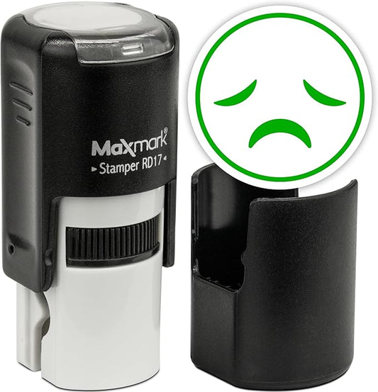 MaxMark Round Self Inking Emoji Stamp - Sad - Green Ink