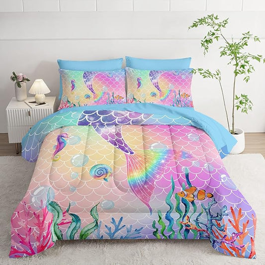 7Pcs Mermaid Tail Comforter Set Pink Scales Printed Bedding Set with 1 Comforter, 1 Flat Sheet, 1 Fitted Sheet and 4 Pillowcases for Boys and Girls Bedroom All Season(Full)
