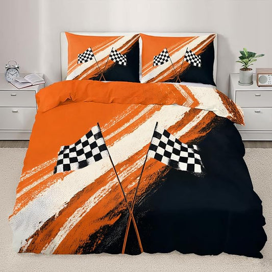 Racing Checkered Flag Bedding Set Queen Size Sporty Motorsport Duvet Cover Boys Race Car Comforter Cover Race Track Bed Set with Zipper Ties for Bedroom
